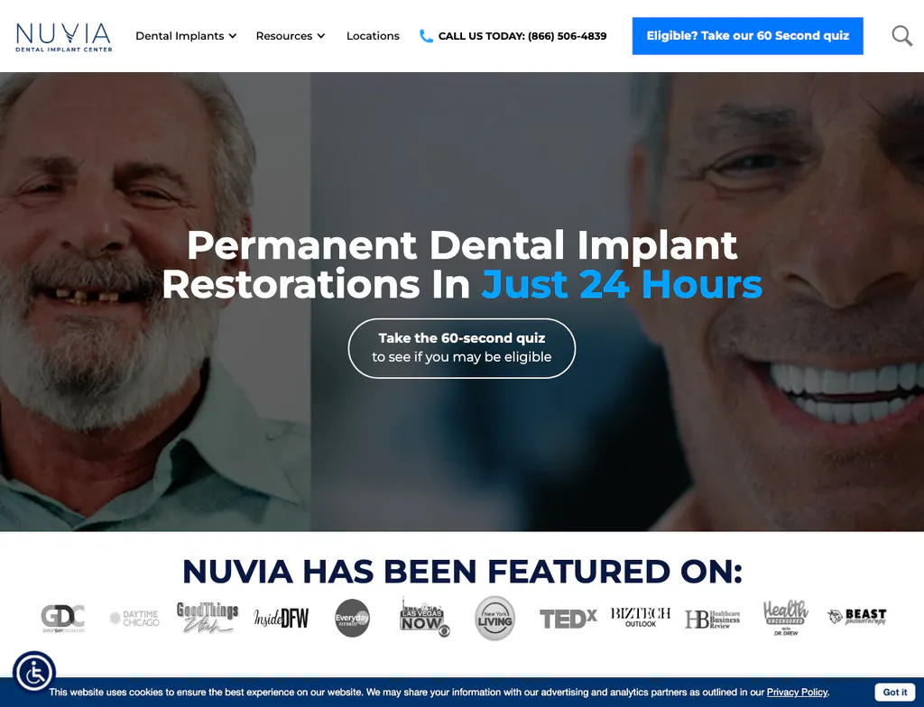 Nuvia homepage promising permanent dental implant restorations in just twenty-four hours
