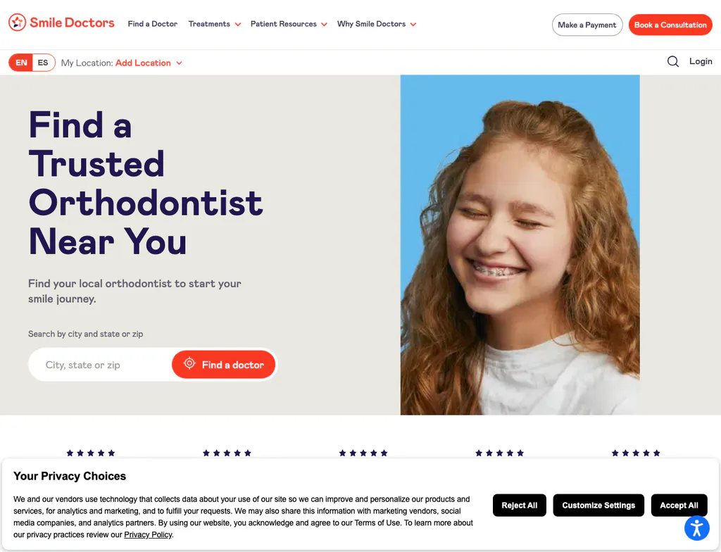 Smile Doctors homepage asking visitors to find a trusted orthodontist near them