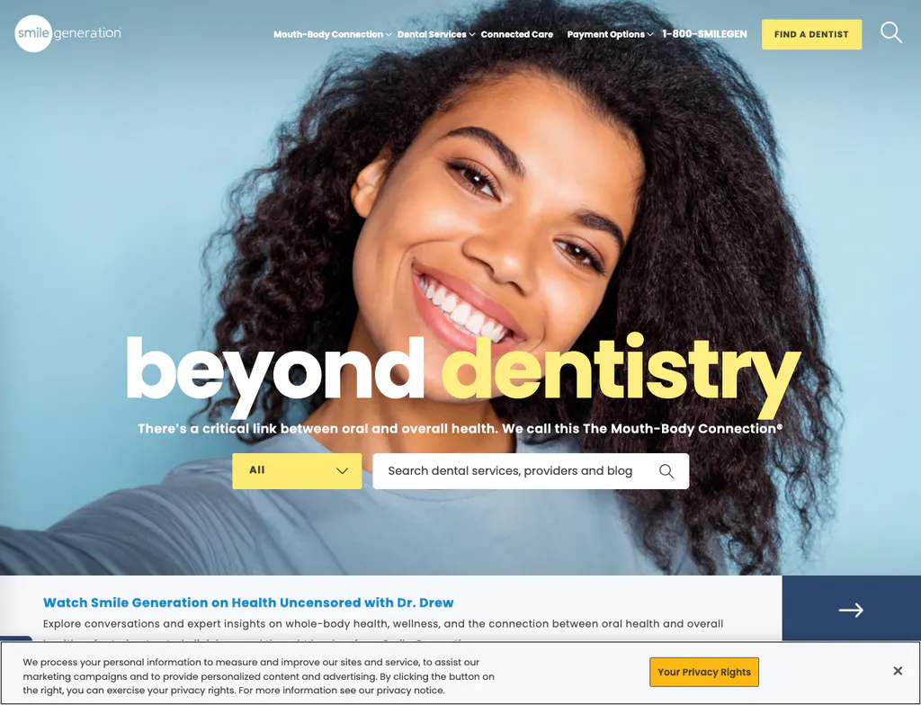 Smile Generation homepage using the positioning line beyond dentistry