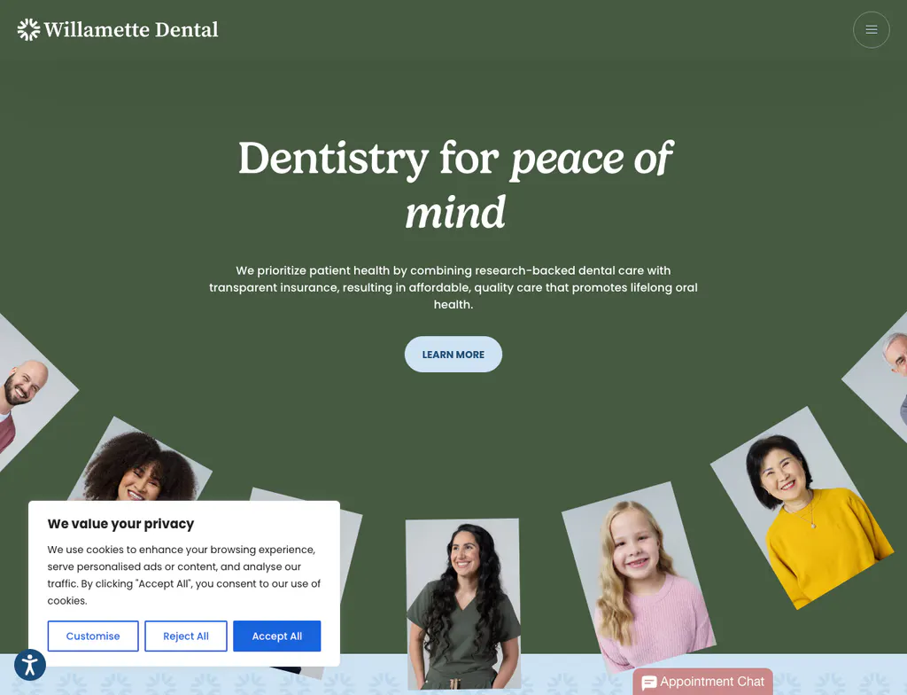 Willamette Dental homepage using the positioning Dentistry for peace of mind
