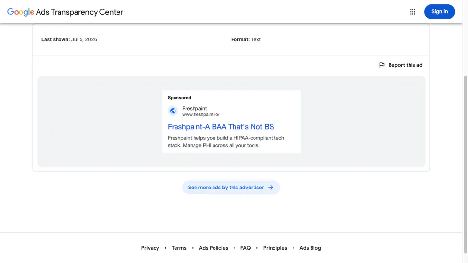 Freshpaint Google ad using the phrase A BAA That's Not BS