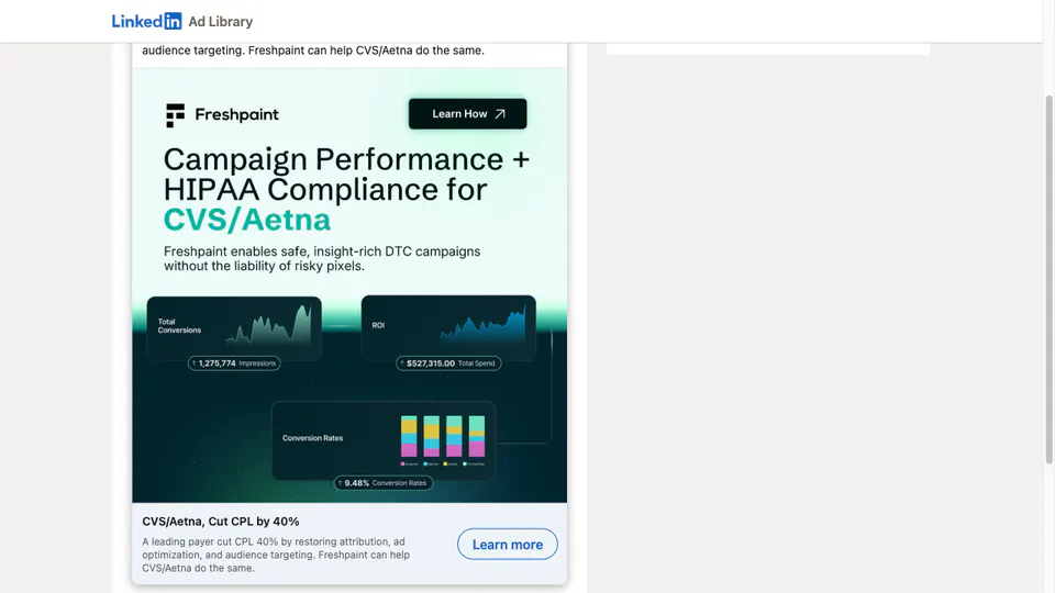 Freshpaint LinkedIn ad for CVS and Aetna combining HIPAA compliance with a forty percent CPL claim
