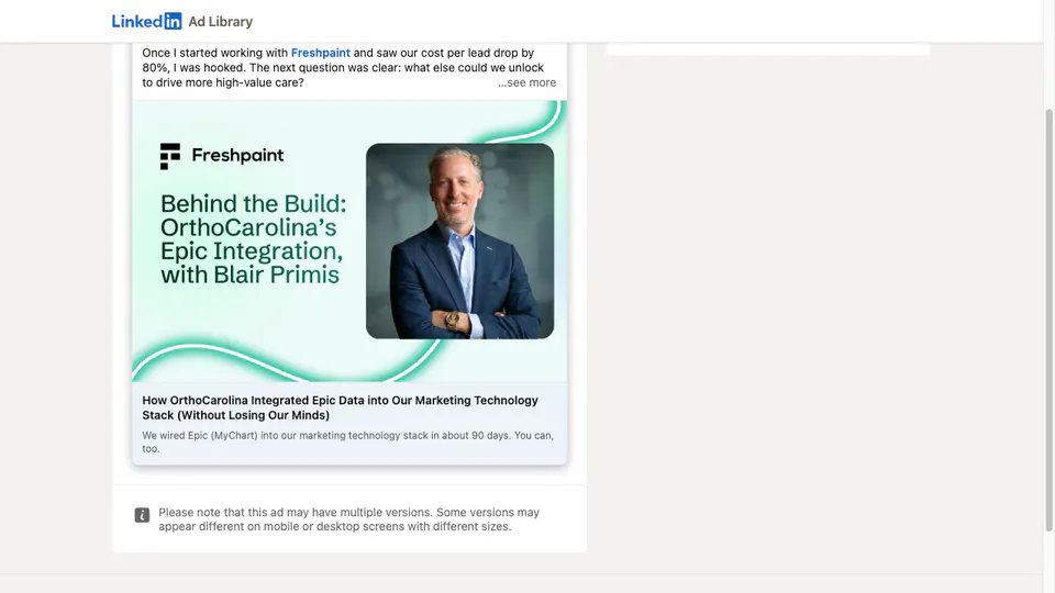 Freshpaint LinkedIn ad featuring Blair Primis and an OrthoCarolina Epic integration