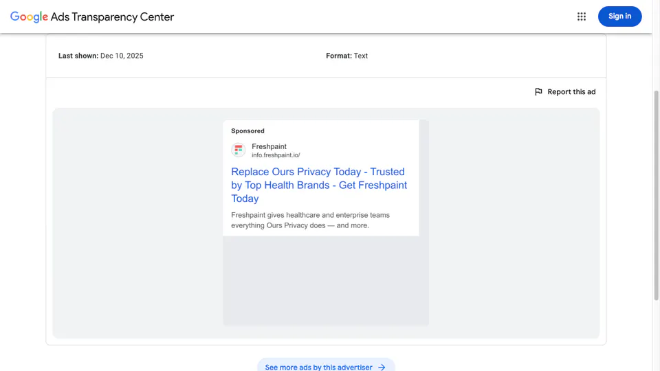 Freshpaint Google conquest ad inviting buyers to replace Ours Privacy