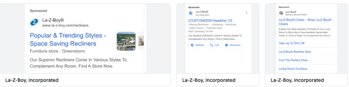 Two Google search ads for La-Z-Boy, one showing an unresolved CUSTOMIZER.Headline token as its headline