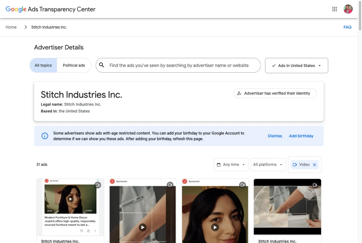Google Ads Transparency Center showing video ads for the Joybird advertiser