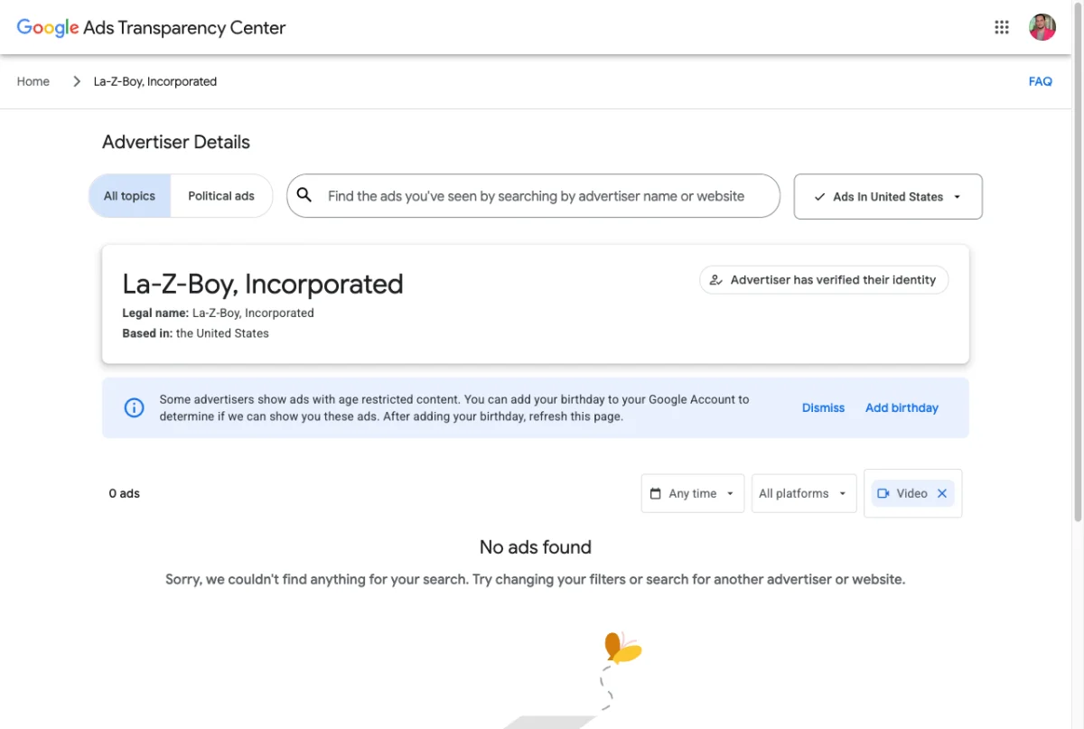 Google Ads Transparency Center showing no video ads found for La-Z-Boy, Incorporated