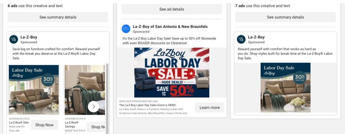 Meta Ad Library showing La-Z-Boy corporate Labor Day ads next to an independent dealer ad offering fifty percent off