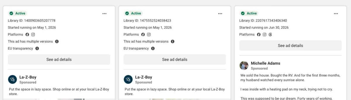Meta Ad Library cards showing two La-Z-Boy ads running since May 1, 2026