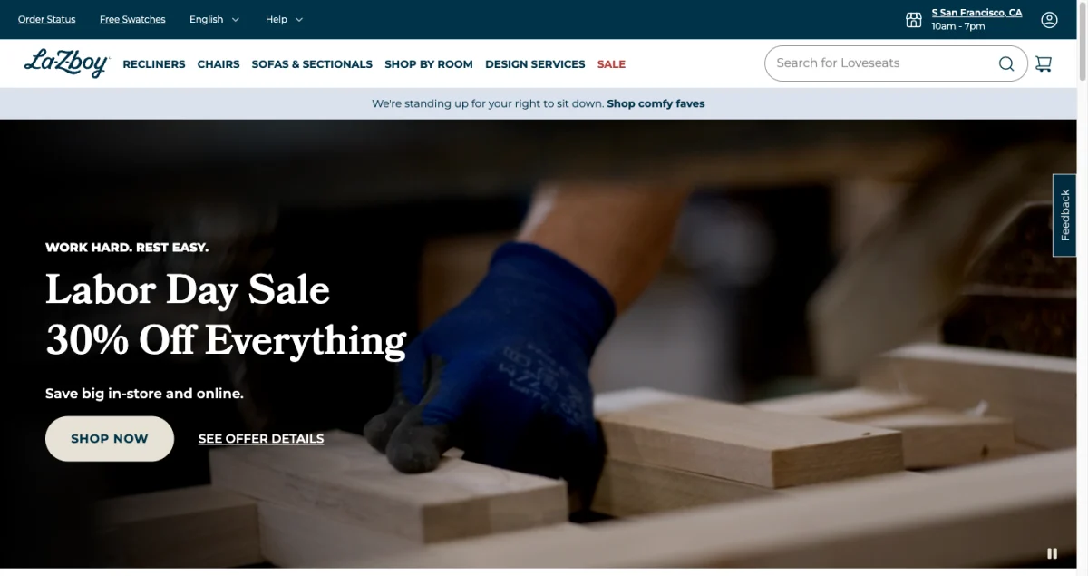 La-Z-Boy homepage hero advertising a Labor Day Sale at thirty percent off everything