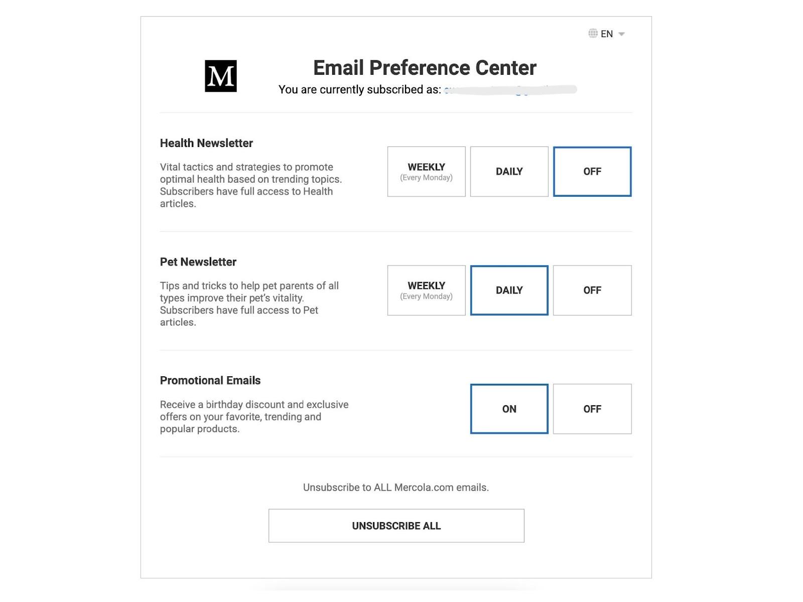 Email newsletter preferences example