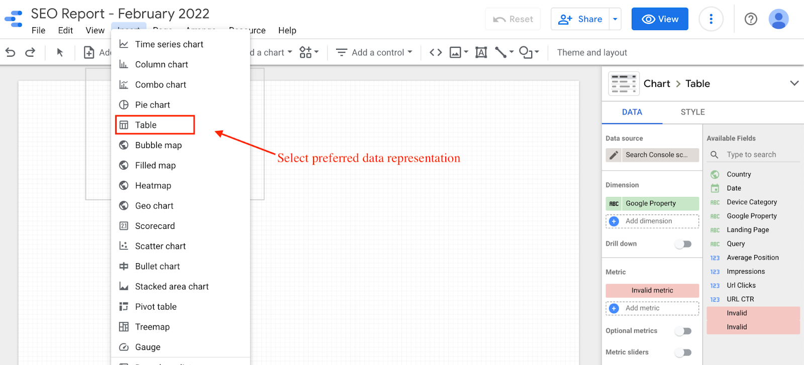 Adding table in Data Studio