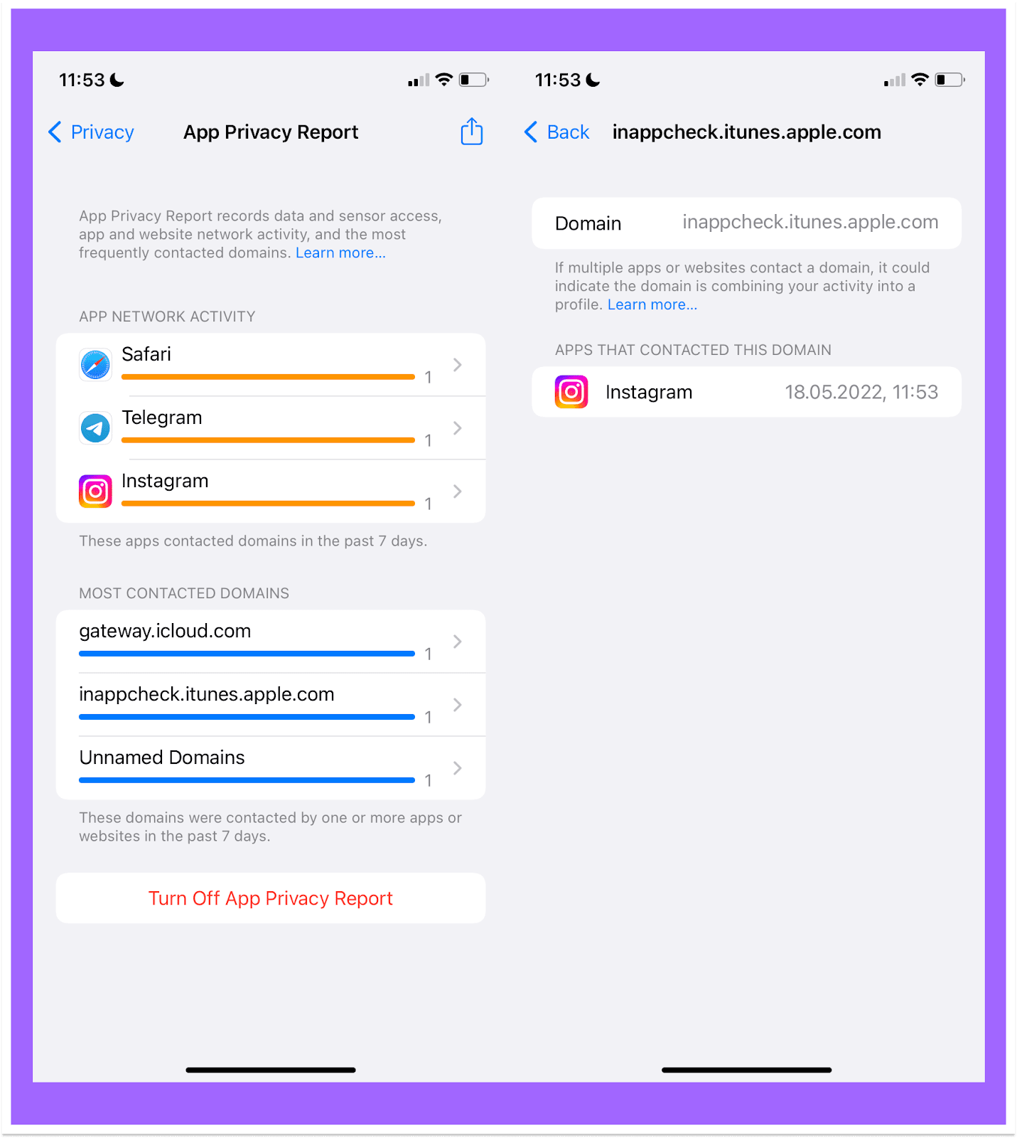 app privacy report on iOS