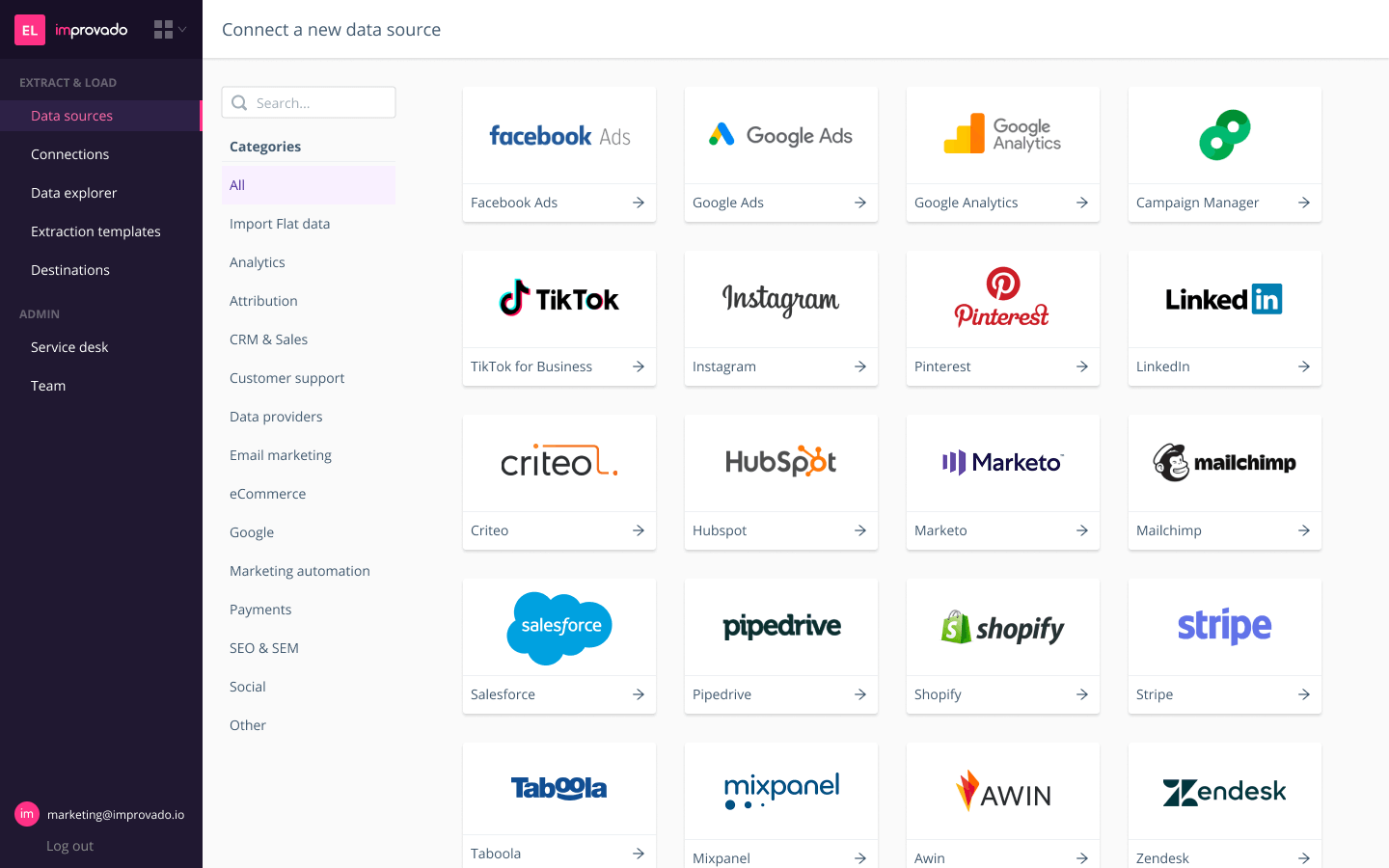 Improvado's list of integrations