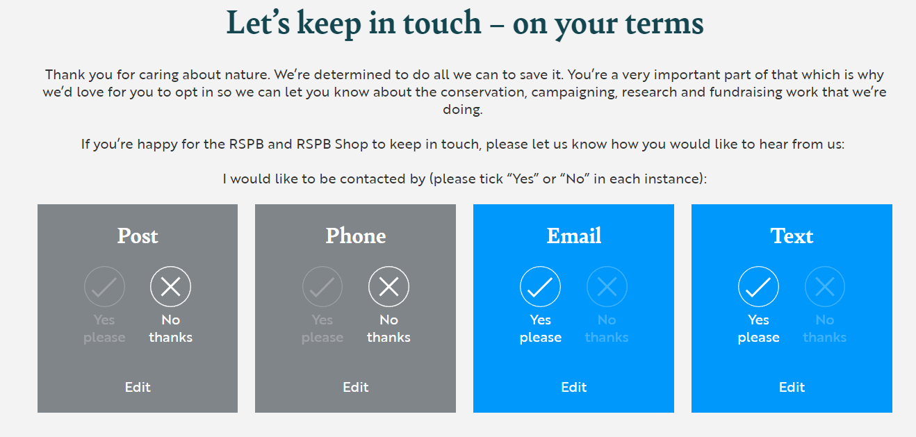 A screenshot showing how to select preferred method of communication with the RSPB