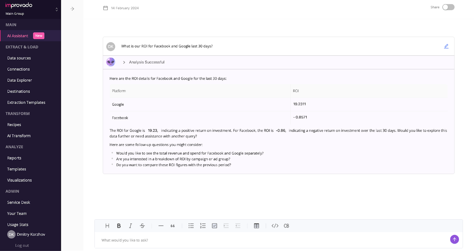 Improvado AI Agent can handle the majority of questions you would typically ask your data team.