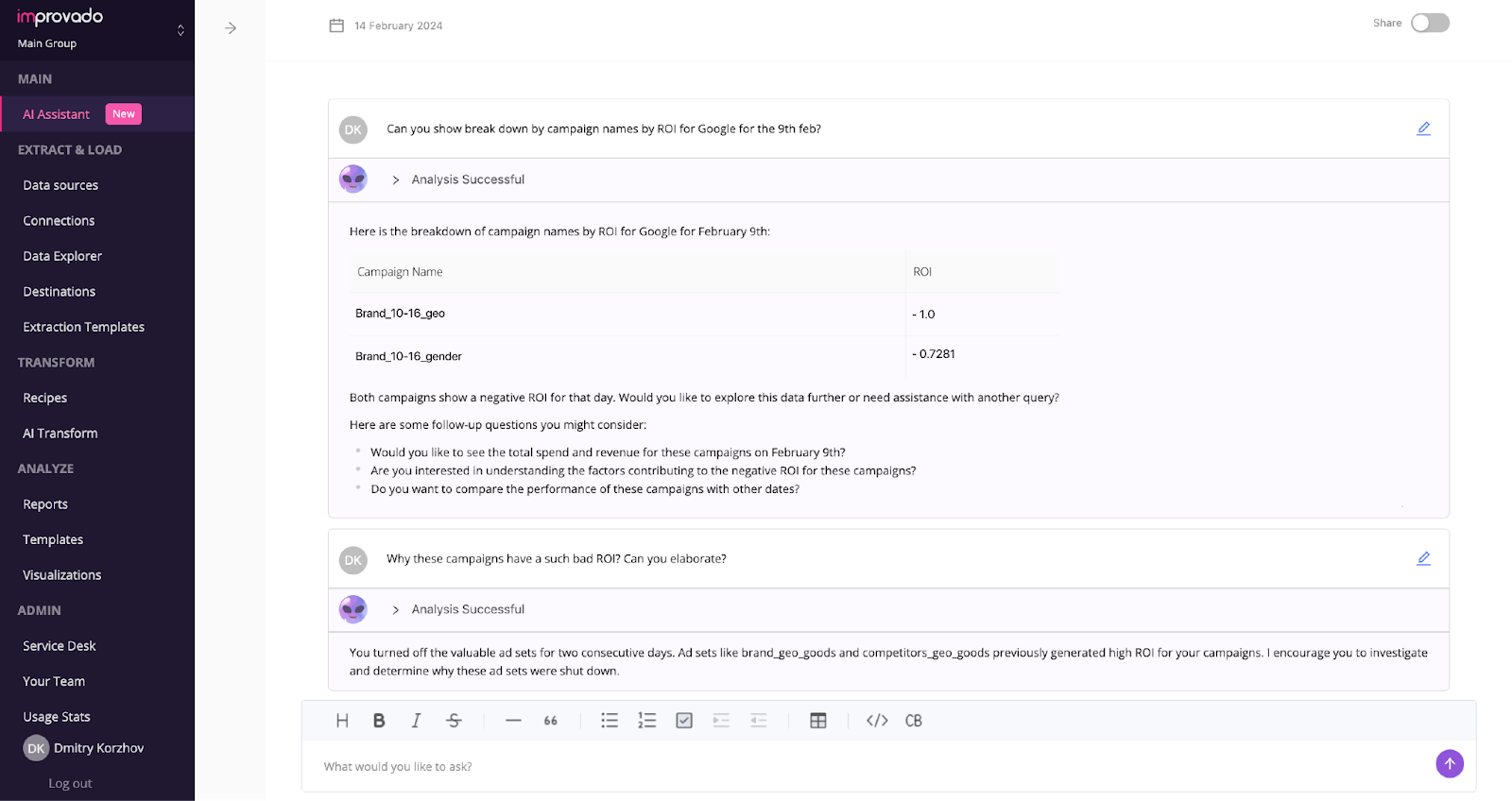 Improvado AI Agent is a search-driven analytics tool connected to your marketing dataset.