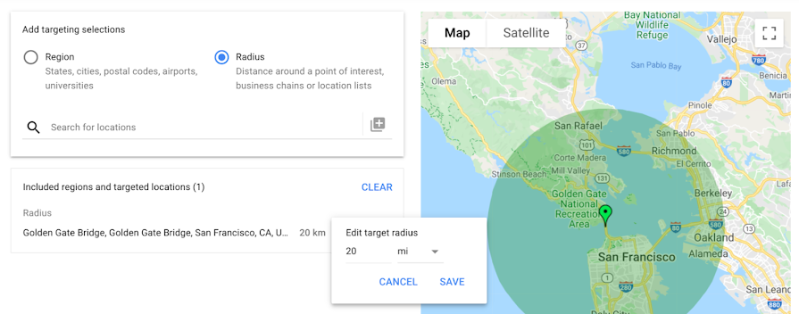 DV360 geographic targeting allows to edit the target radius in miles or kilometers.