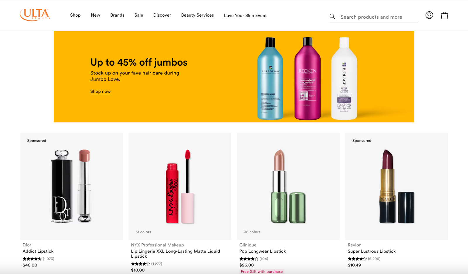 sponsored product placements on Ulta Beauty