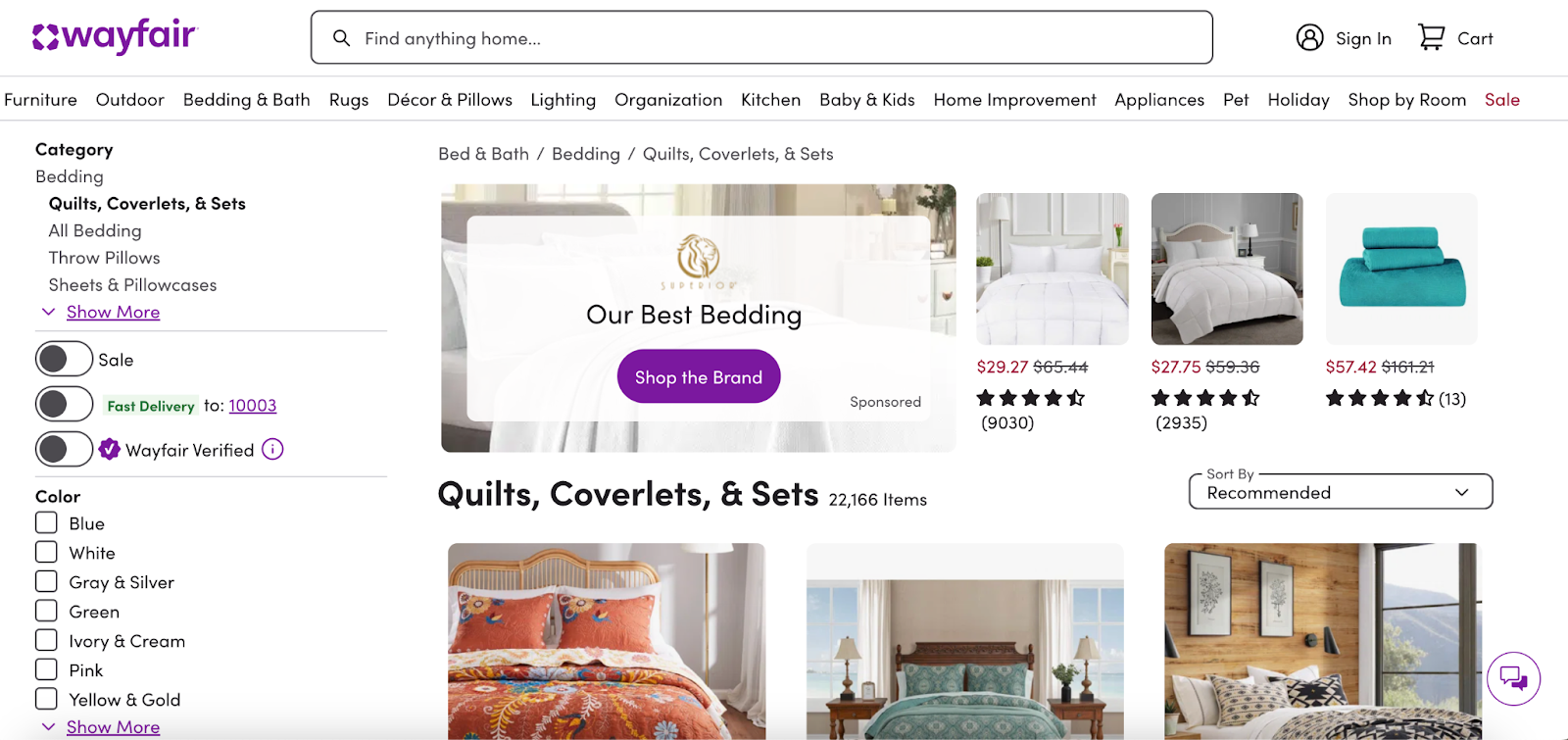 Wayfair Advertising sponsored brand placement