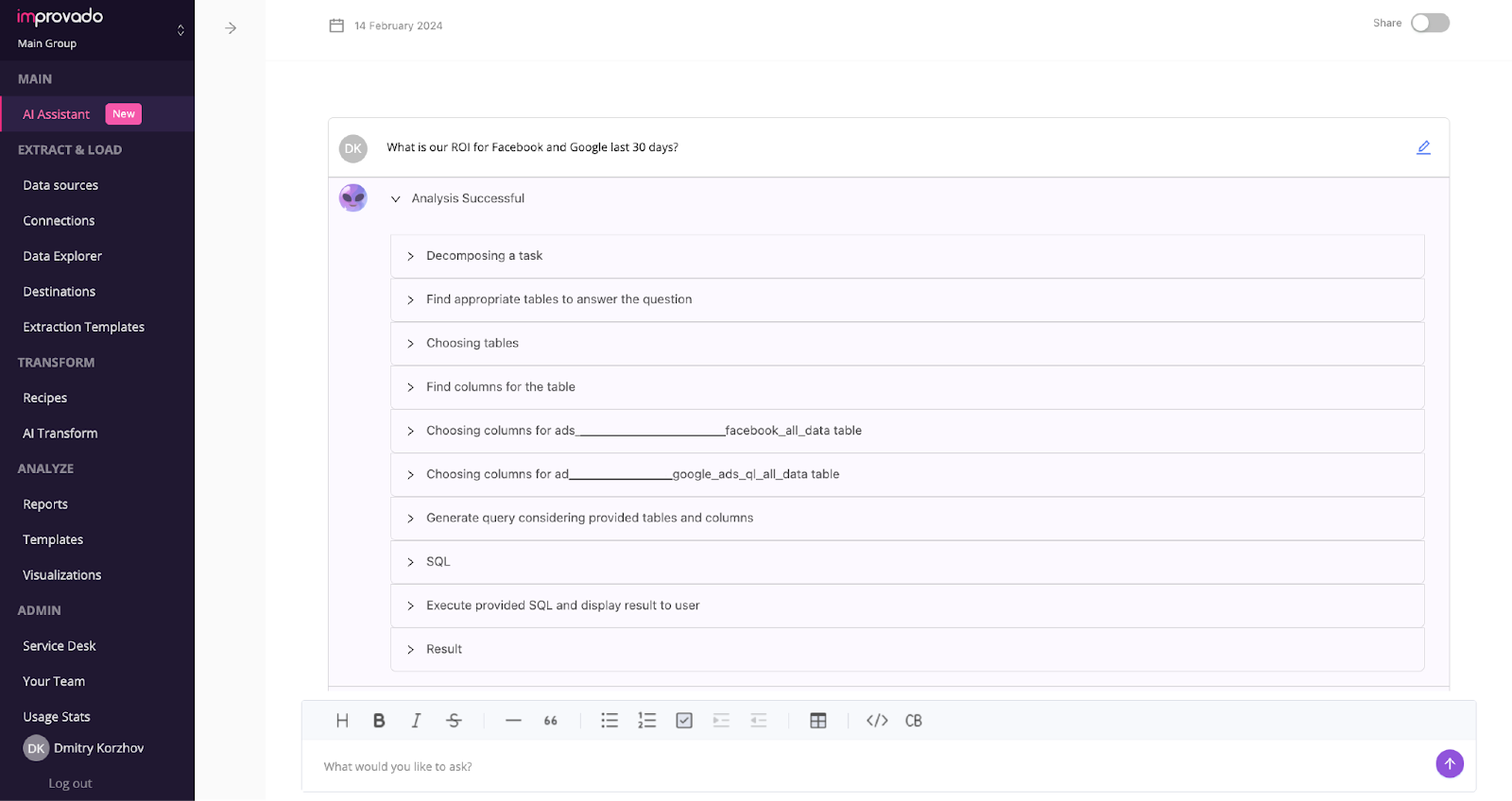 Improvado AI Agent is an AI search analytics tool powered by text-to-SQL technology.