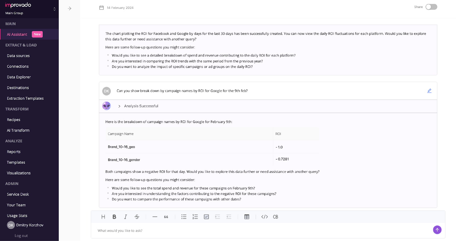 Improvado AI Agent is revolutionizes data interaction enabling natural language queries and seamless data exploration.