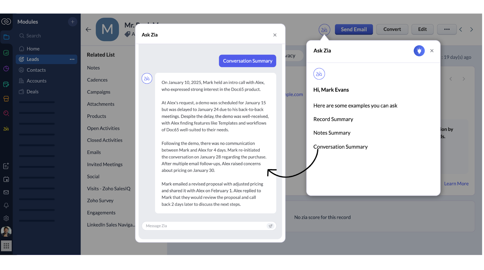 Zia is a Zoho Analytics AI agent