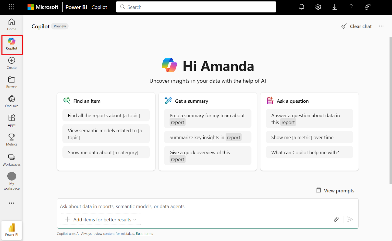 Power BI is a general-purpose BI offering AI features
