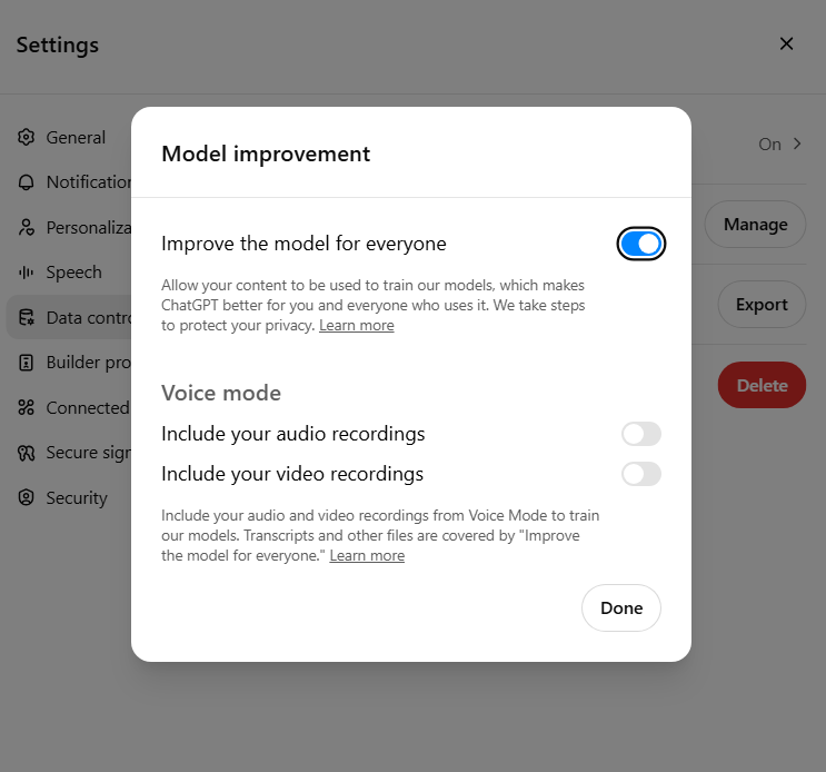 How to disable the use of your input data for LLM self-training