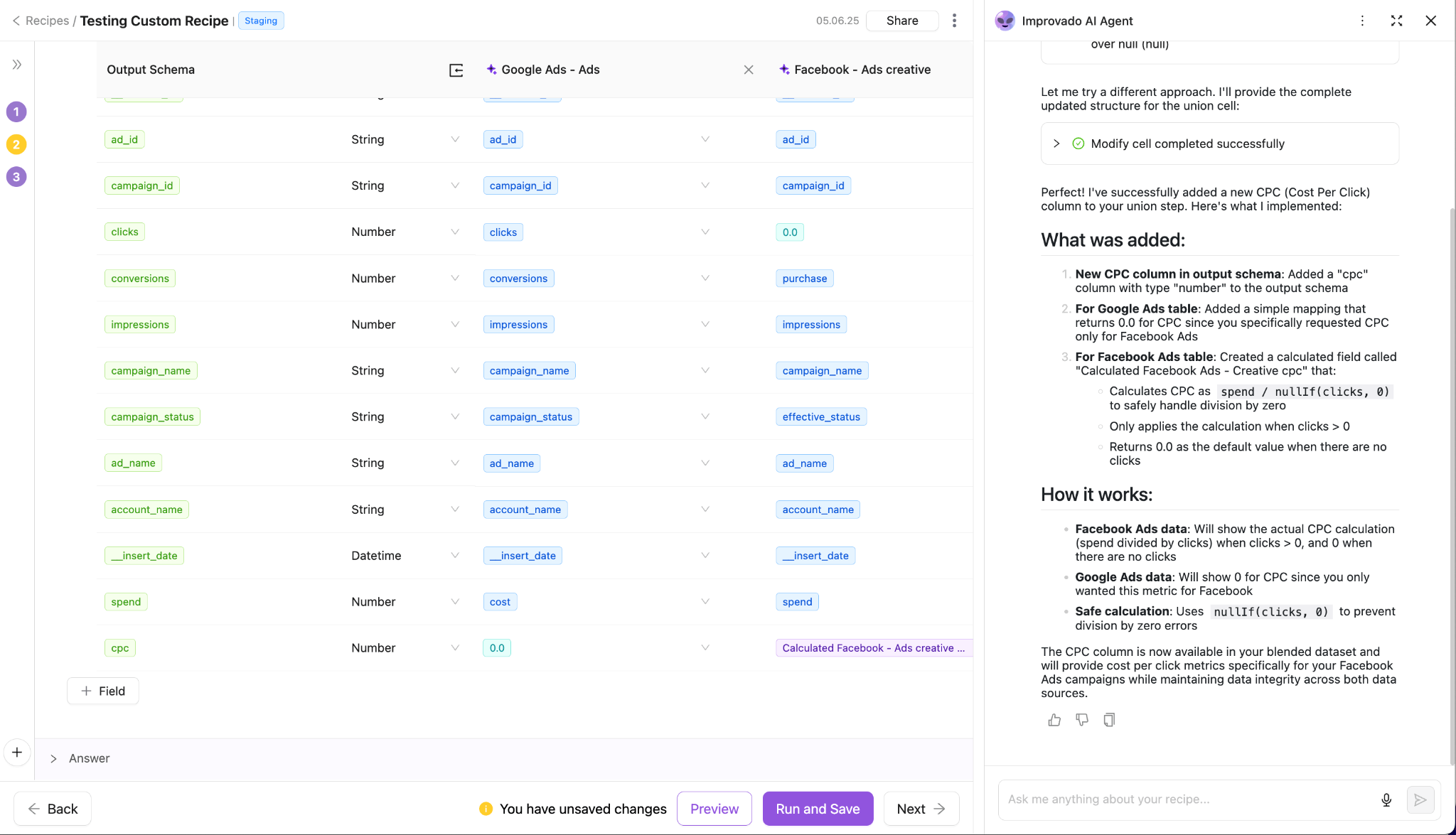 Improvado AI Agent assists with complex transformations