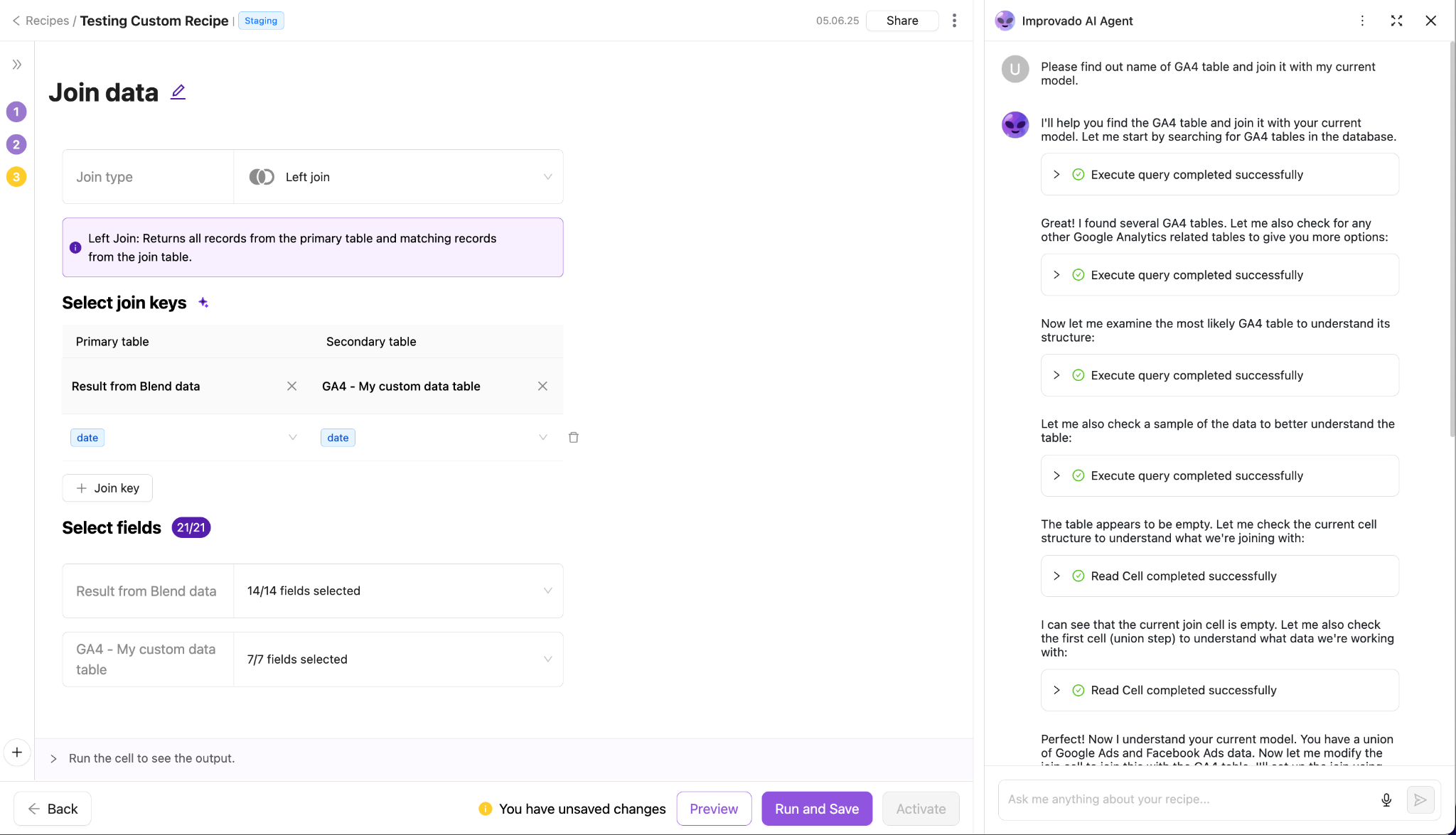 Improvado AI Agent assisting with data transformation