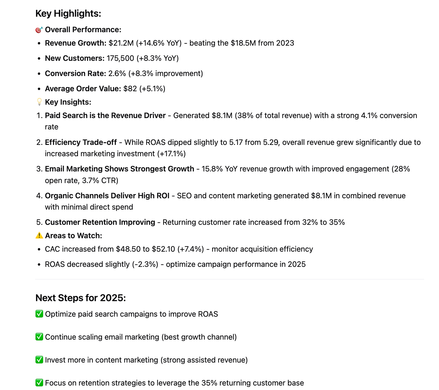 Example of an executive summary delivered by Improvado’s AI Agent in under 10 seconds