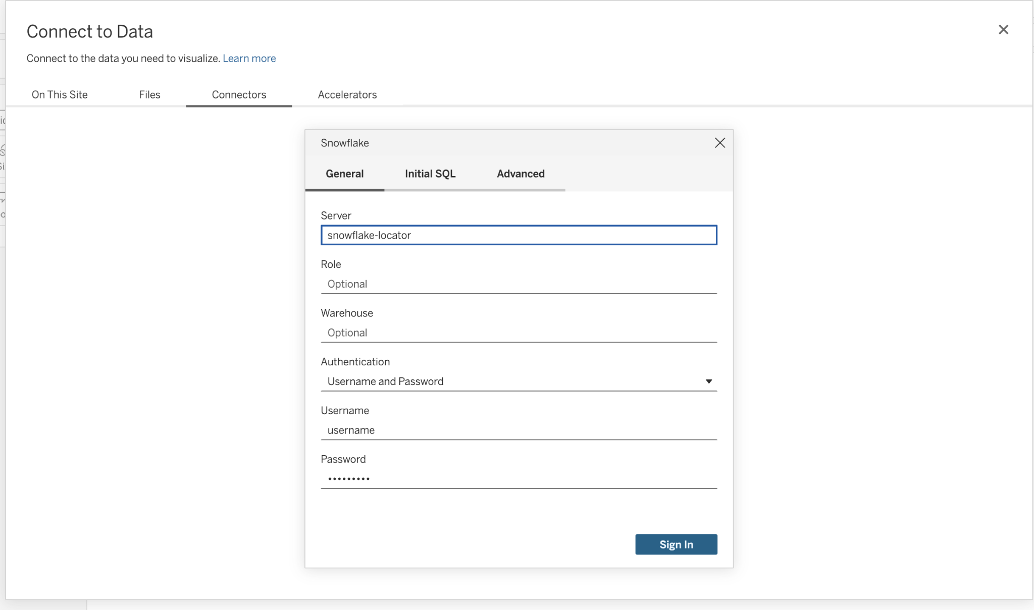 Tableau’s native Snowflake connection dialog requiring server, role, warehouse, and authentication configuration.