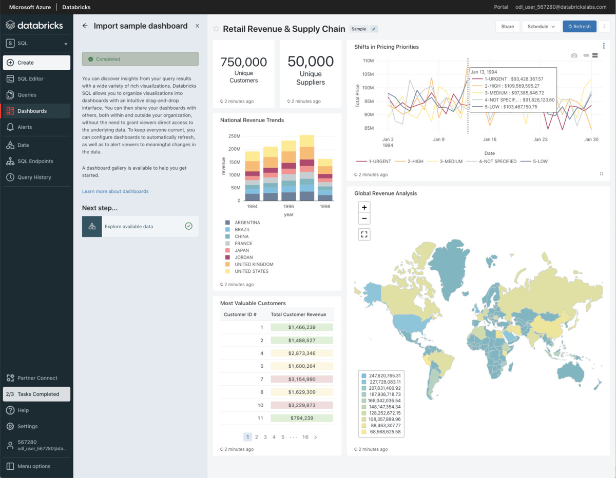 Databricks Lakehouse interface with collaborative notebooks and analytics dashboards.