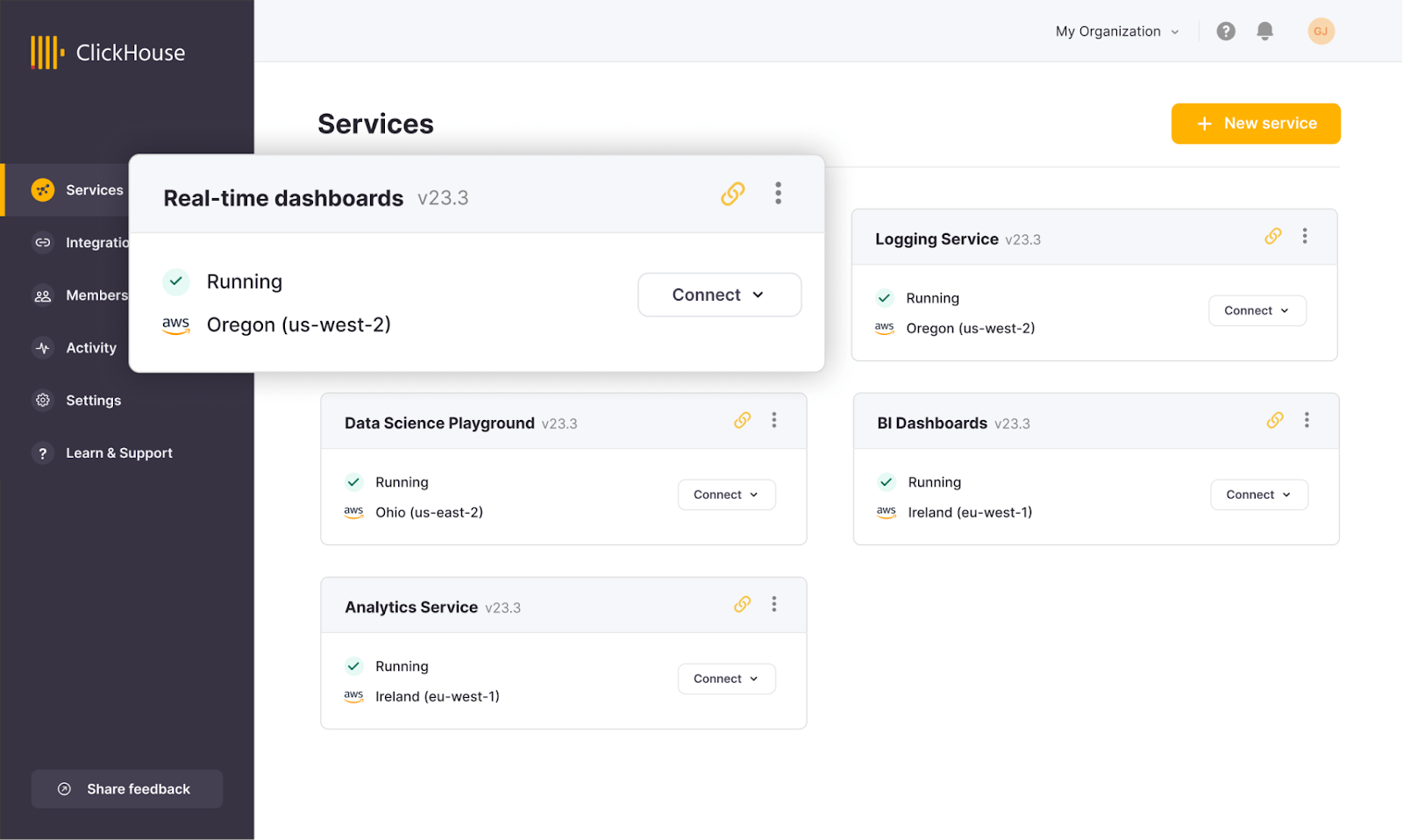 ClickHouse Cloud interface displaying active services and real-time dashboards.