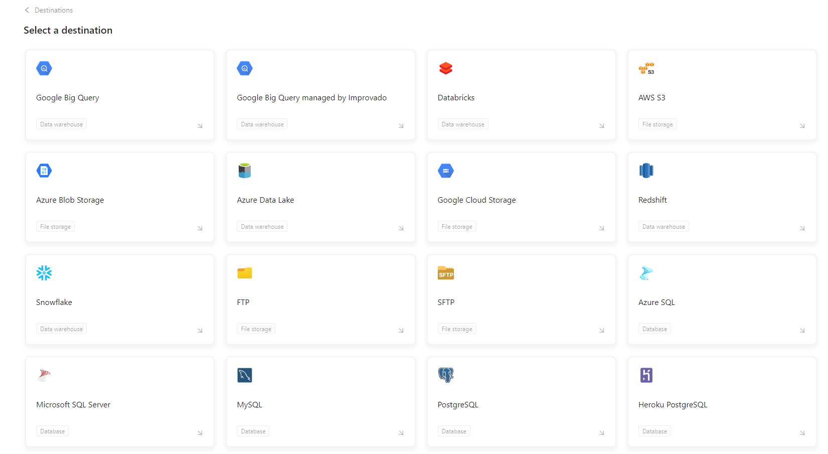 With Improvado, companies can use Snowflake, GBQ, Azure, PostgreSQL, and other data warehouses as data destinations.