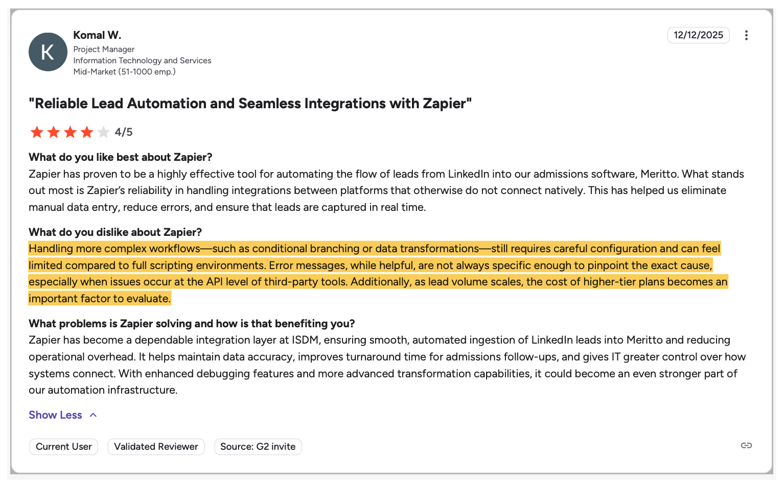 A verified customer review on G2 outlines Zapier’s strengths in integration while noting scalability and error-handling challenges.