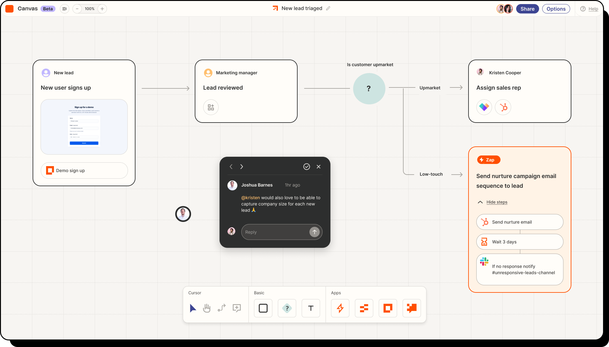 Zapier’s no-code automation canvas illustrates how marketing teams connect apps and define conditional actions without writing code.