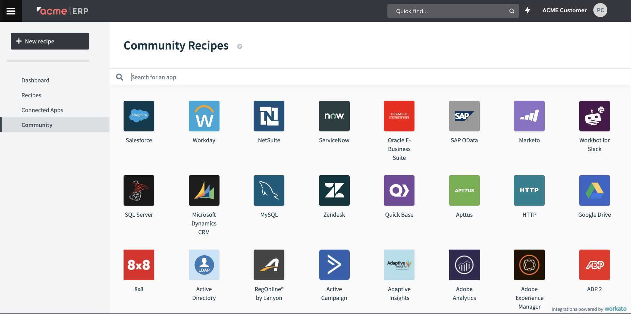 This dashboard shows Workato’s workflow orchestration environment designed for enterprise-grade integrations.