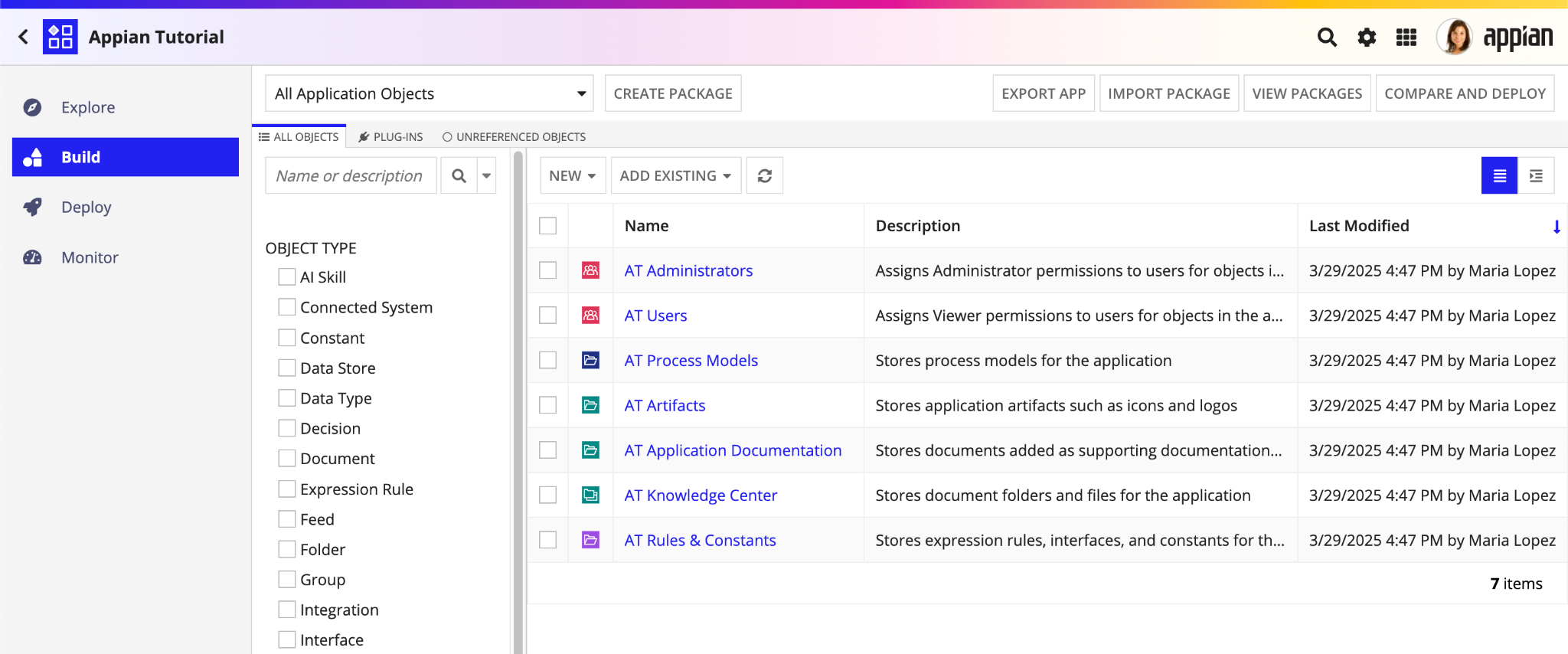 The Appian interface displays application objects, process models, and rule management within its unified low-code development environment.