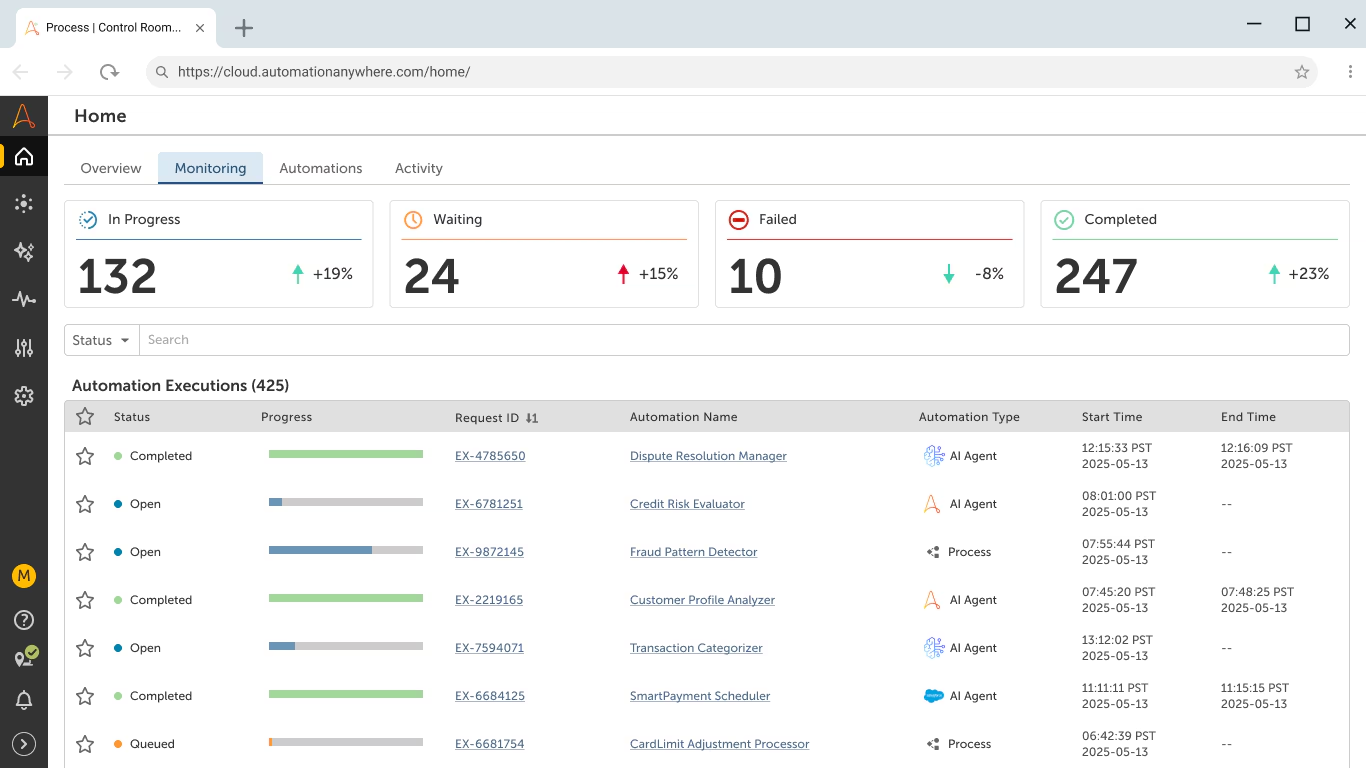 This interface shows active, failed, and completed automation tasks within Automation Anywhere’s centralized management console.