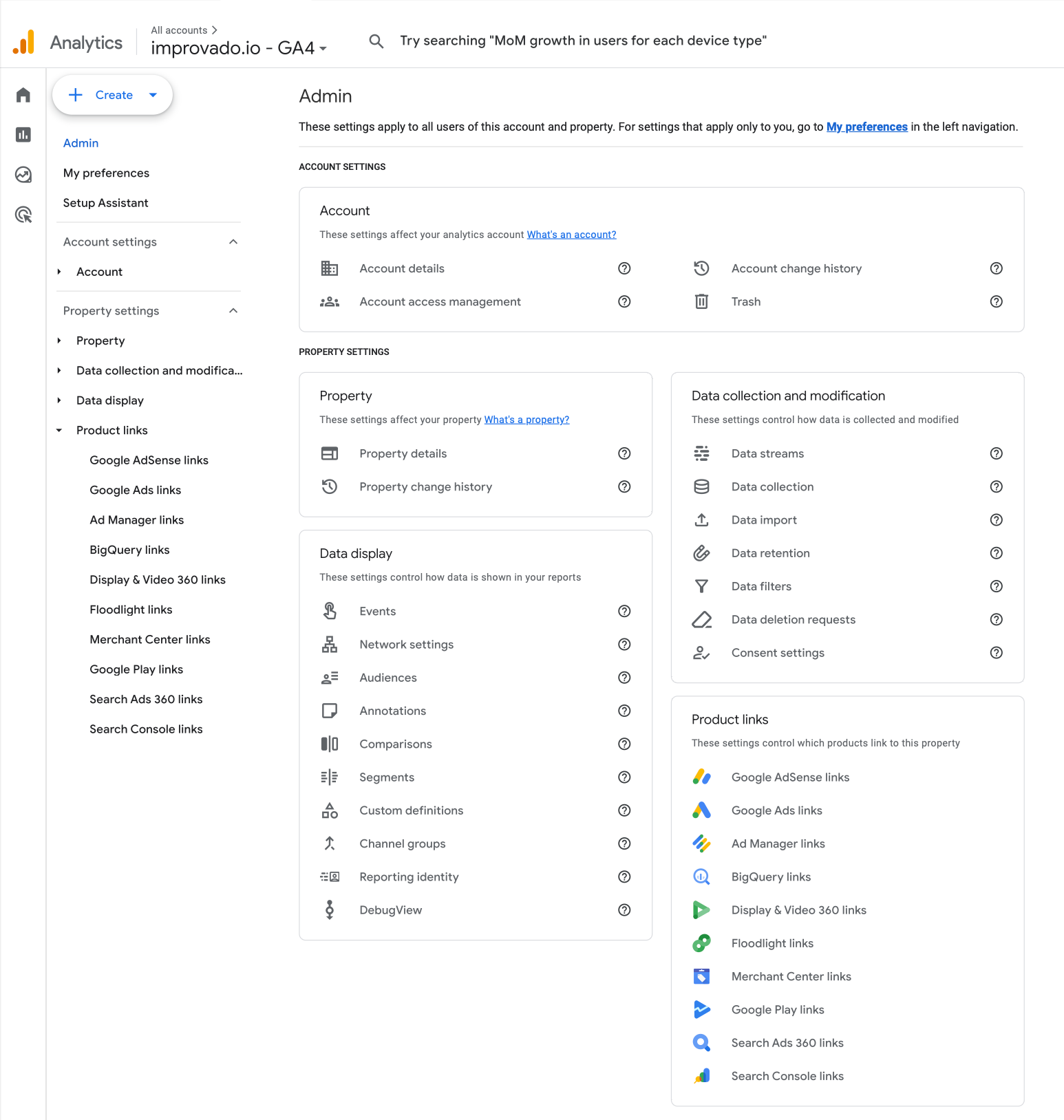 This GA4 property configuration screen shows how Google Analytics connects directly to advertising and search platforms within the same ecosystem.