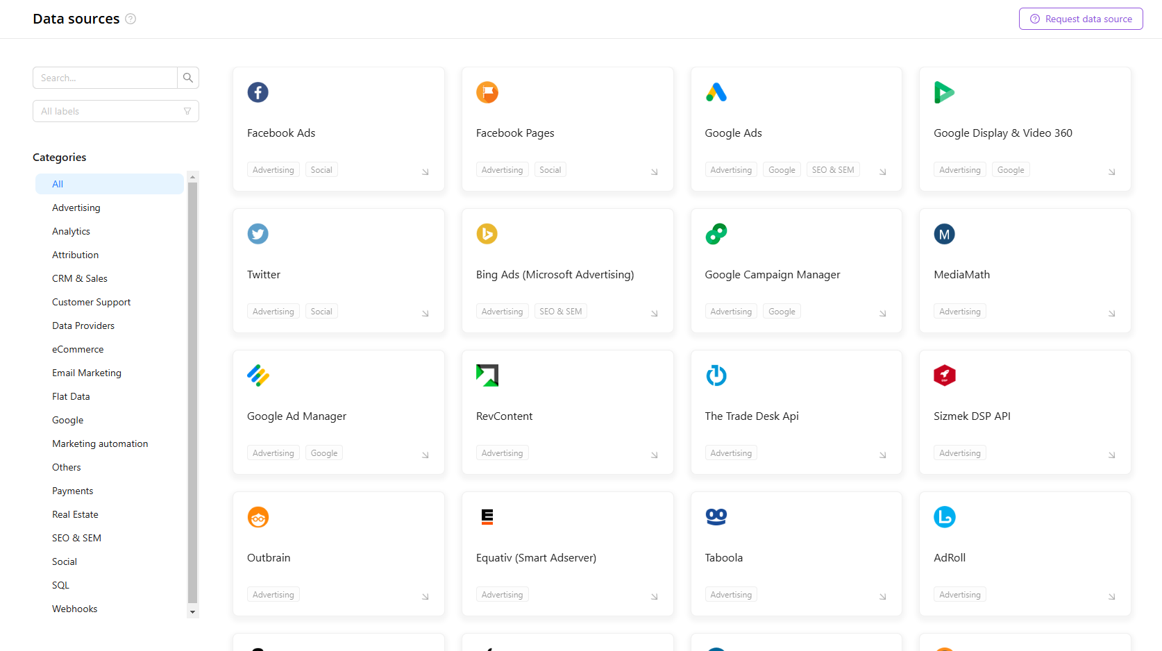 Improvado offers over 500 pre-built API-connectors, including web analytics tools, CRMs, etc.