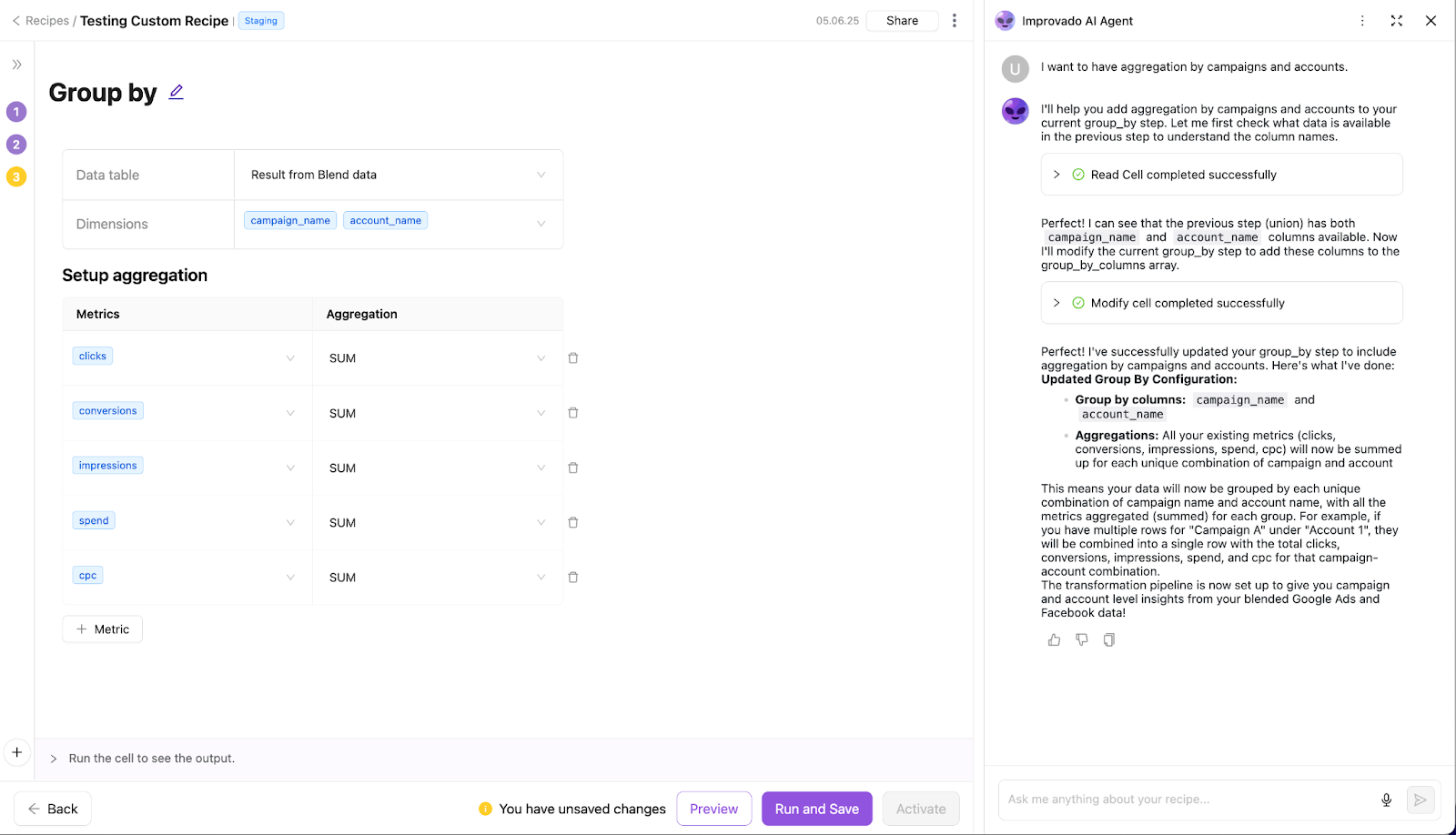 This screenshot shows Improvado’s AI Agent assisting with data grouping, aggregation logic, and schema normalization for accurate attribution.