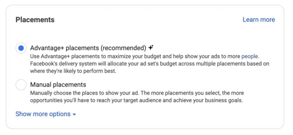 The placements screen shows the choice between Advantage+ automatic placements and manual selection across Facebook, Instagram, and Messenger.