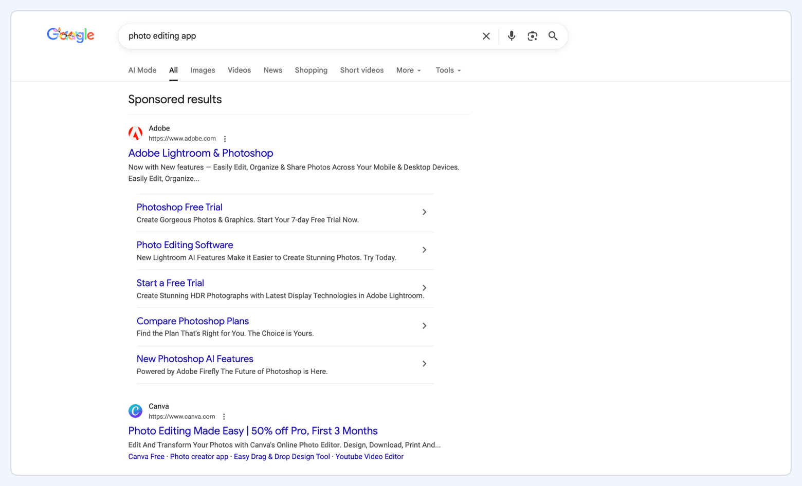 Google search results page showing sponsored listings for a “photo editing app” query as an example of a Google Ads search campaign.