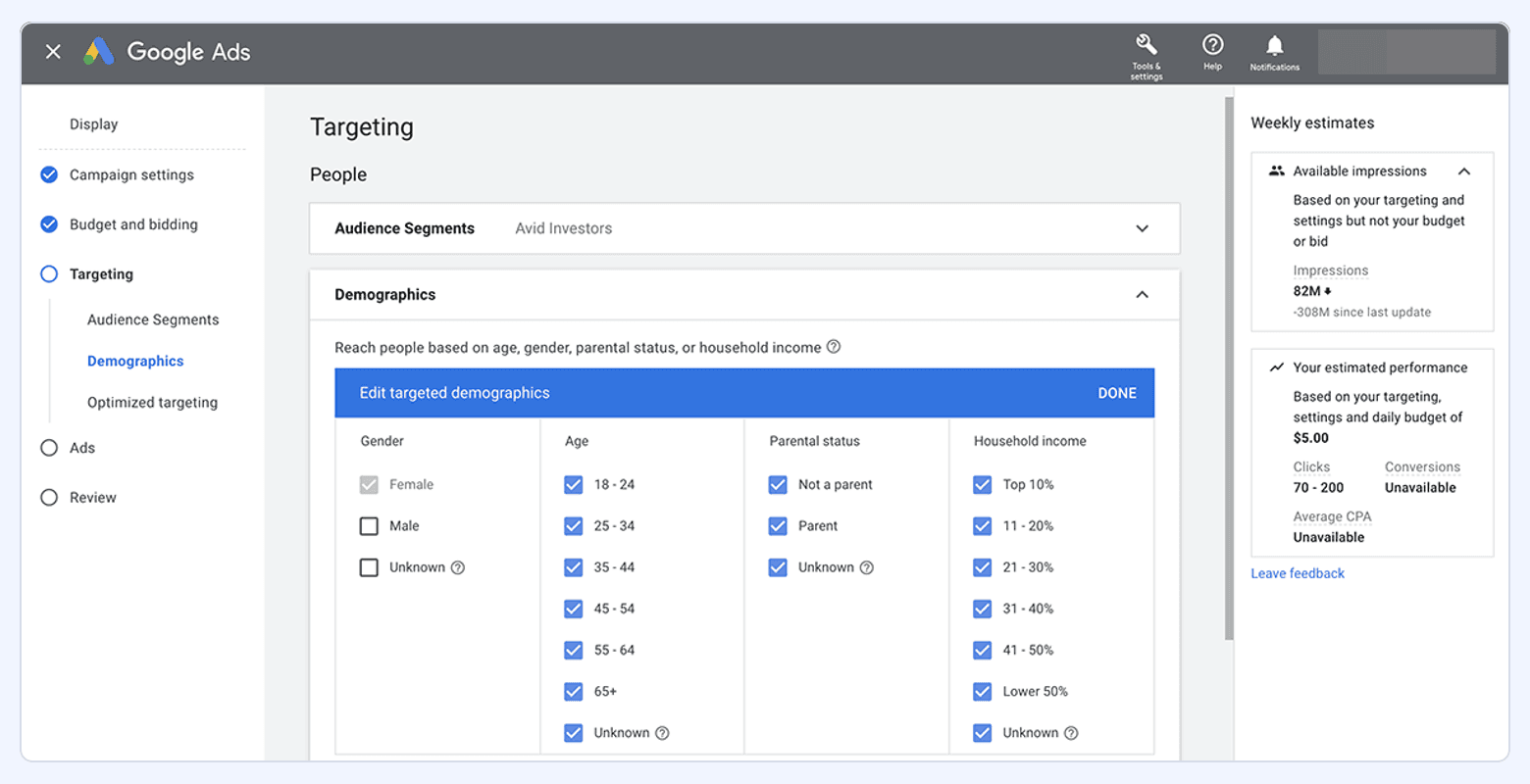Google Ads targeting settings showing audience segments and demographic targeting options within a campaign.