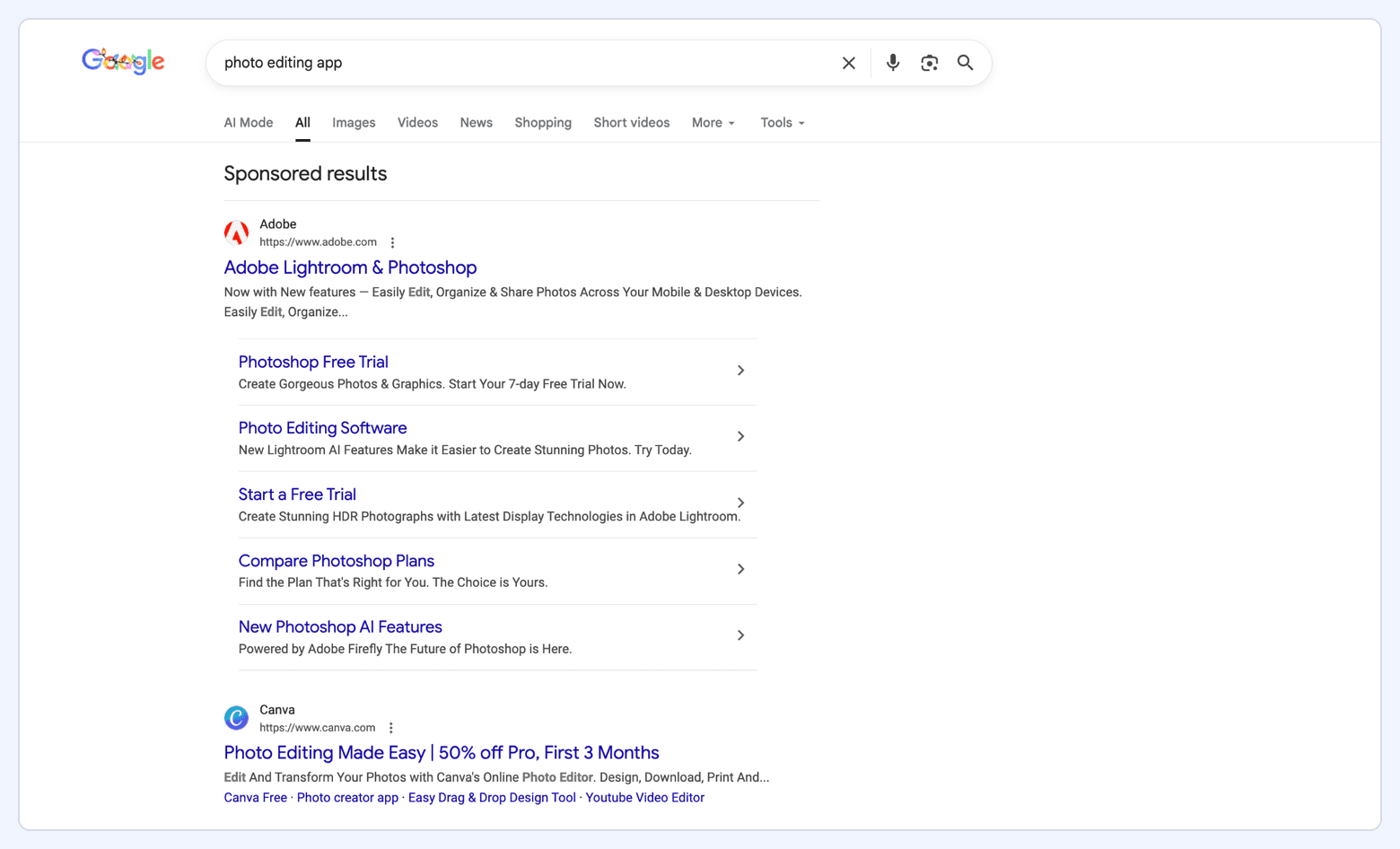 Google search results page showing sponsored listings for a “photo editing app” query as an example of a Google Ads search campaign.