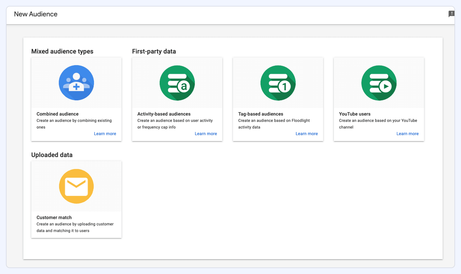 DV360 audience setup screen showing options for mixed audience types, first-party data audiences, YouTube users, and customer match uploads.