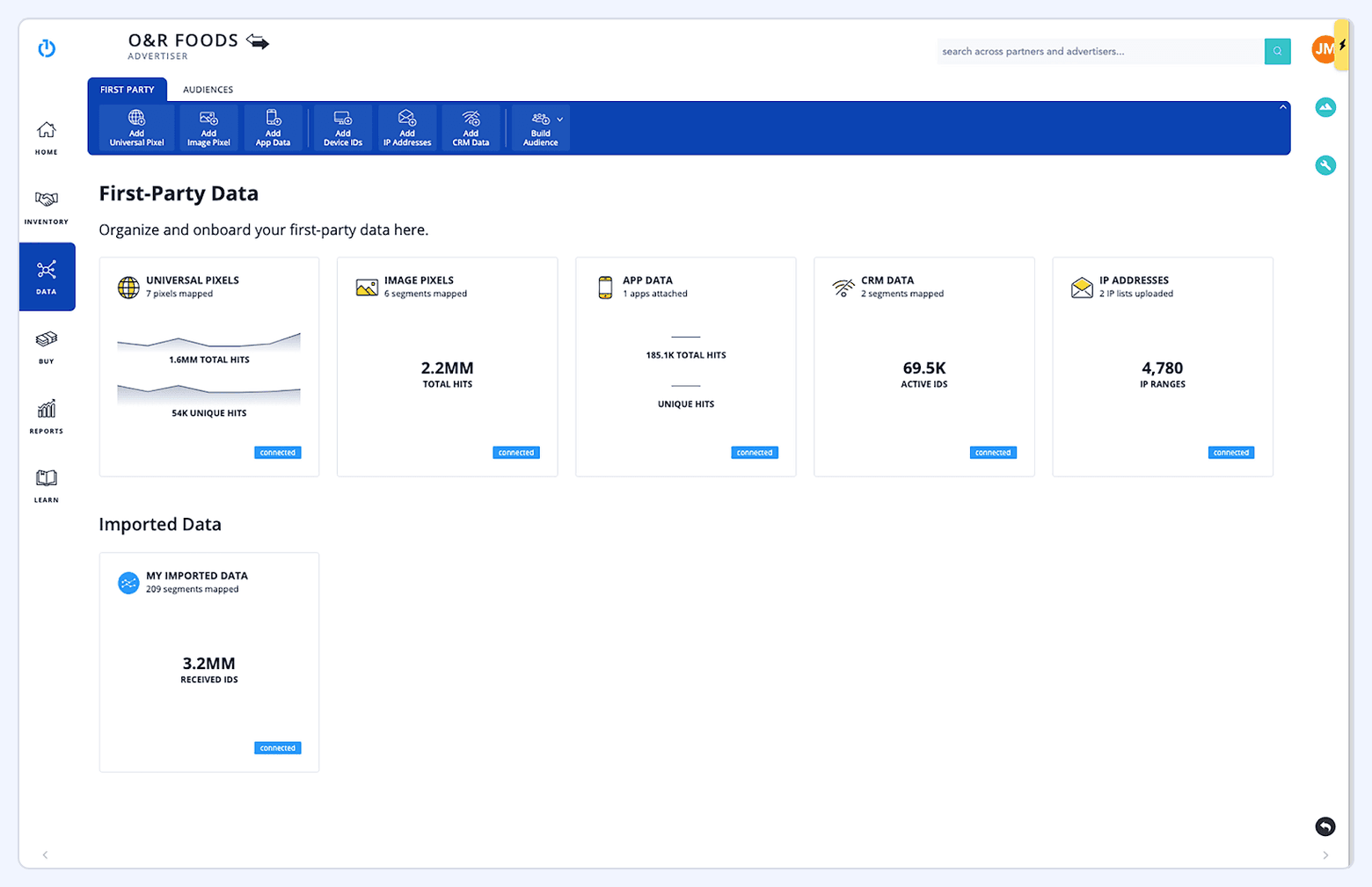 The Trade Desk data management screen showing first-party data inputs such as universal pixels, image pixels, app data, CRM data, and IP addresses.